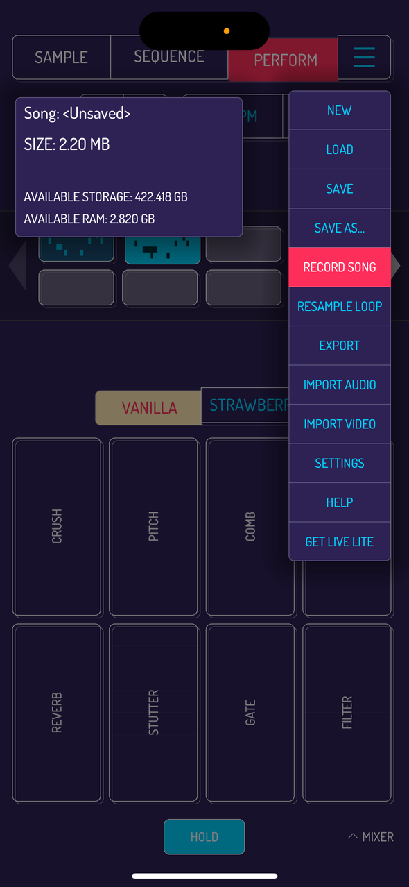Record song option — Phone 화면