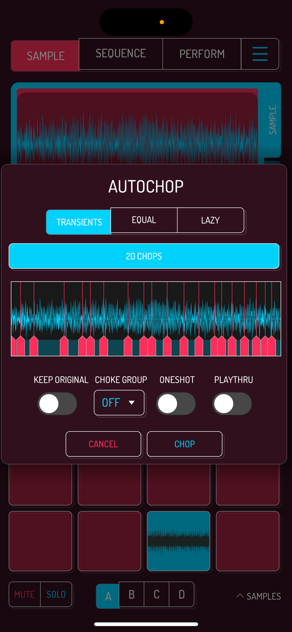Autochop transients mode — Phone 화면