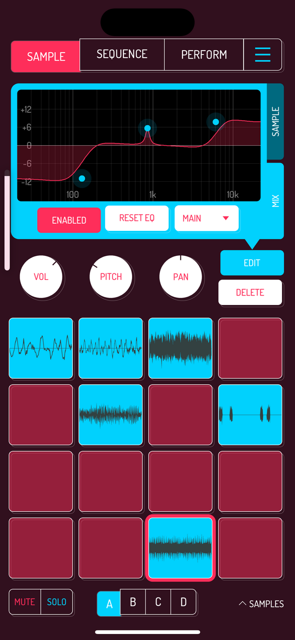 Sample editor mix tab — Phone 화면