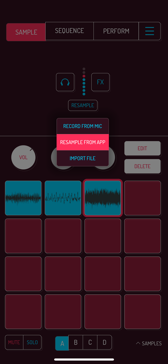 입력 메뉴에서 RESAMPLE FROM APP을 선택한 모습 — Phone 화면