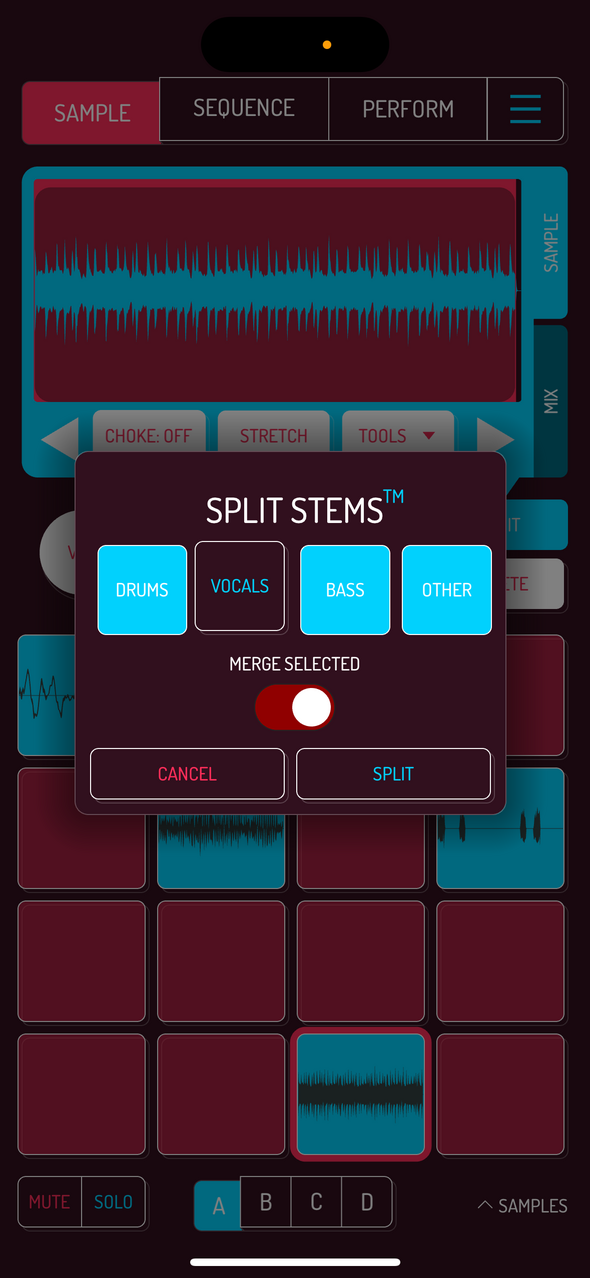 Split stems — Phone 화면