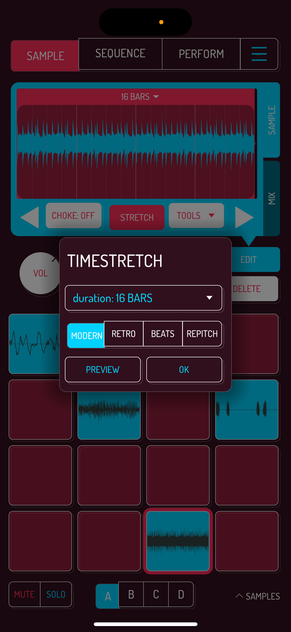 Timestretch menu — Phone 화면