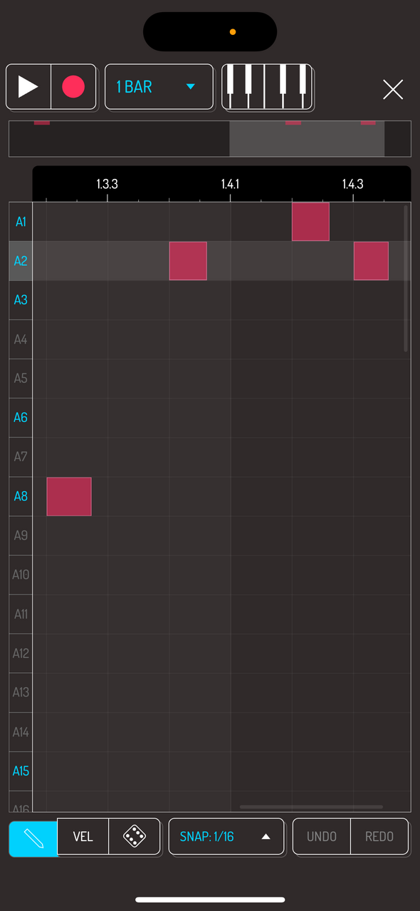 Sequence note grid screen — Phone 화면