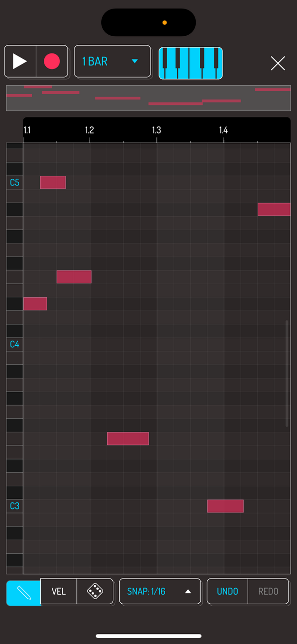 Piano roll in the grid — Phone 화면