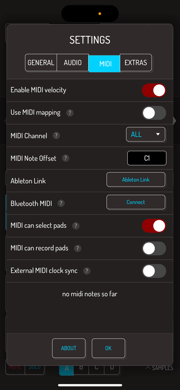 MIDI Channels settings — Phone 화면